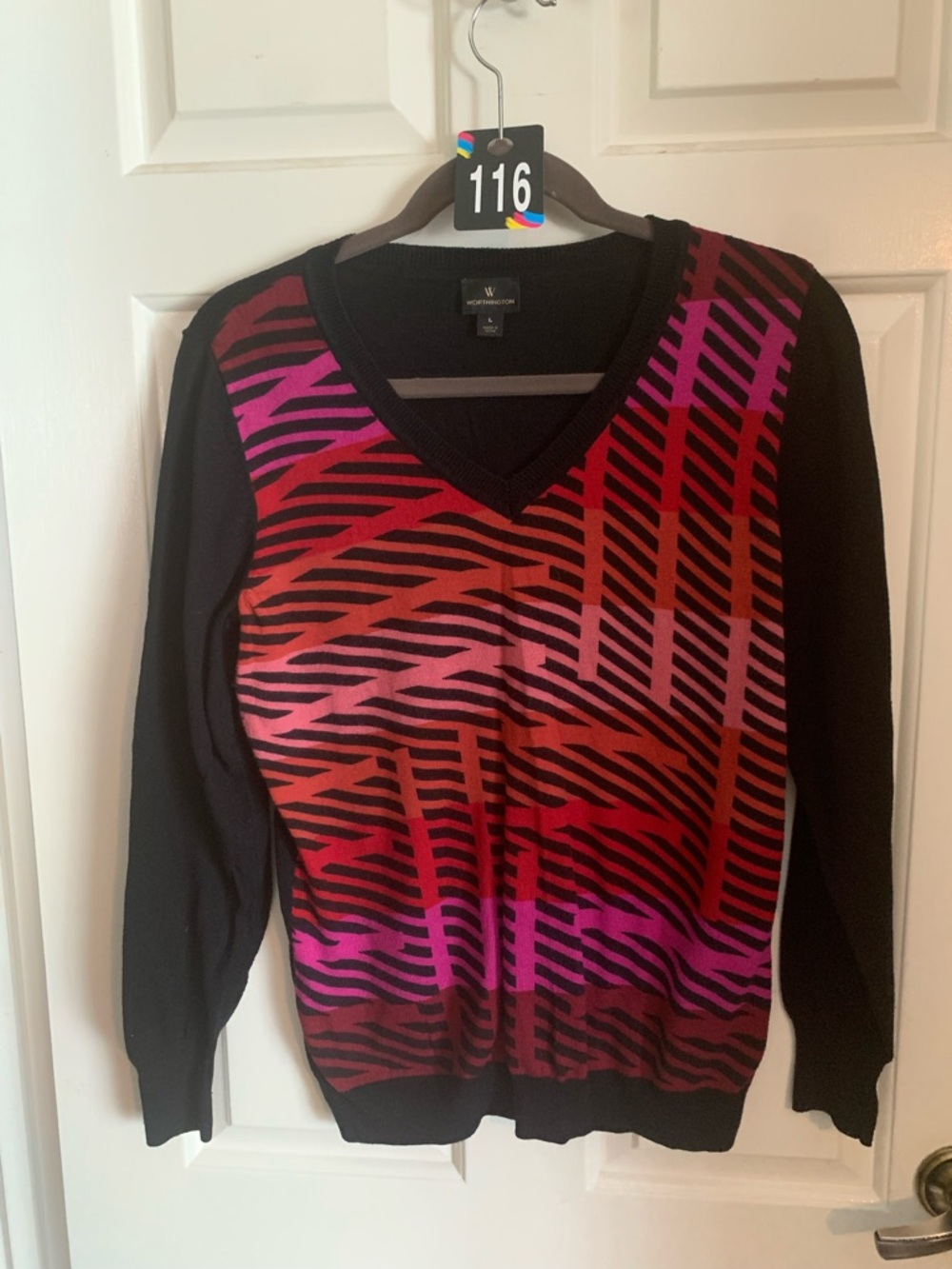 Worthington V-Neck Sweater in Black with Red & Pink Pattern